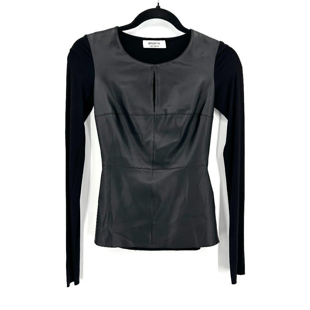 BAILEY 44 Black Faux Leather Front Jersey Back Long Sleeve Raw Seam Top Size XS